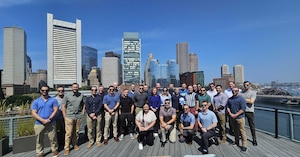 Members of the U.S. Air Force Test Pilot School pose for a group photo on Aug. 11, 2025, Cambridge, Mass.