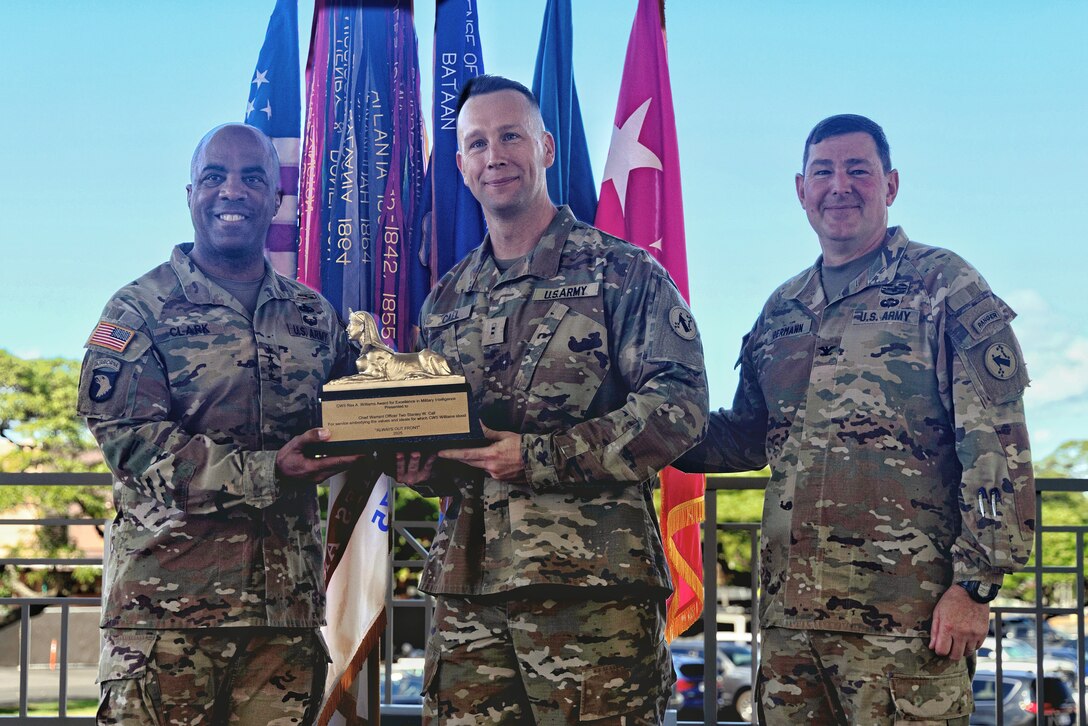 Call was presented the Chief Warrant Officer 5 Rex A. Williams Award for Excellence in Military Intelligence and the Knowlton Award by Clark for his work testing and fielding the Army Intelligence Data Platform (AIDP).