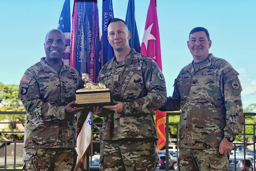 Call was presented the Chief Warrant Officer 5 Rex A. Williams Award for Excellence in Military Intelligence and the Knowlton Award by Clark for his work testing and fielding the Army Intelligence Data Platform (AIDP).