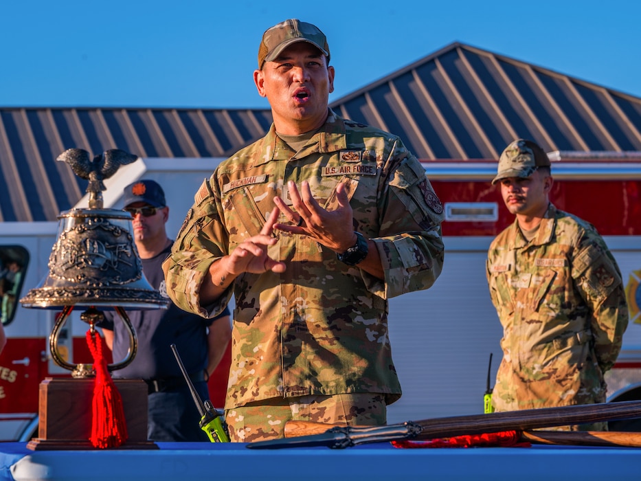 U.S. Air Force Master Sgt. James Hickman, 56th Civil Engineer Squadron superintendent of operation, gives a speech during a 9/11 memorial event, Sept. 11, 2025, at Luke Air Force Base, Arizona.