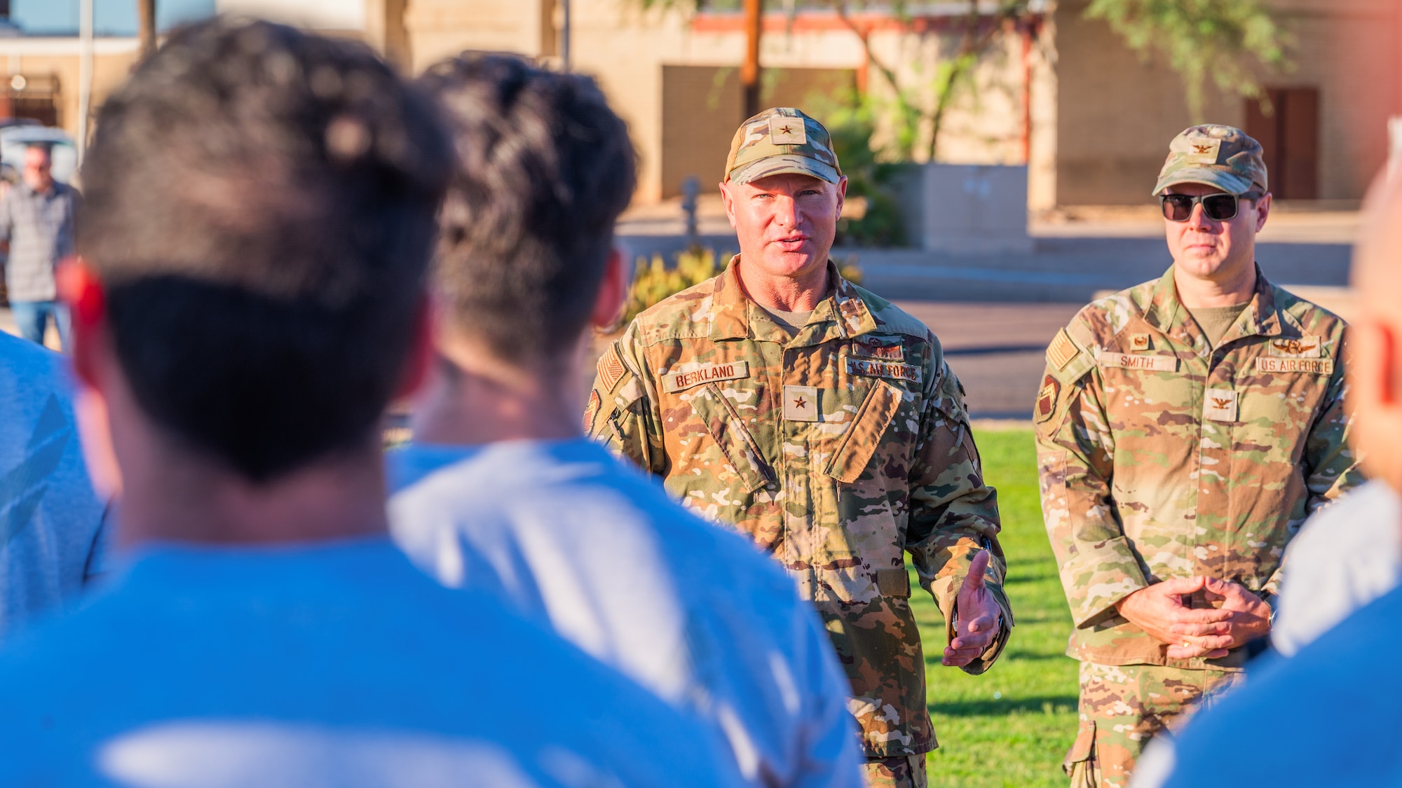 U.S. Air Force Brig. Gen. David Berkland, 56th Fighter Wing commander, addresses Airmen assigned to the 56th Civil Engineer Squadron during a 9/11 memorial event, Sept. 11, 2025, at Luke Air Force Base, Arizona.
