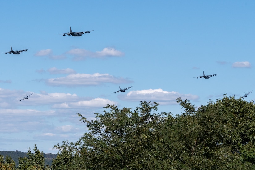 The Pennsylvania Air National Guard’s 193rd Special Operations Wing conducts a 6-aircraft training flight, to honor the memory of the nearly 3,000 innocent victims who died in the Sept. 11 terrorist attacks, and the first responders who risked their own lives to save others. This flight of MC-130J Commando II aircraft showcases the resiliency of the American Spirit by flying a mass formation, low-altitude training flight that is visible throughout the greater Central Pennsylvania area. A portion of the flight path includes Fort Indiantown Gap. (Pennsylvania National Guard photo by Wayne V. Hall)
