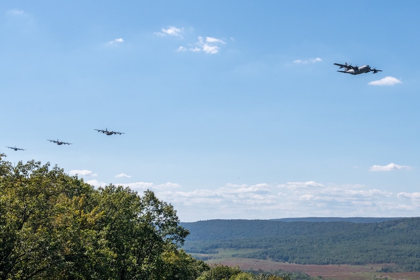 The Pennsylvania Air National Guard’s 193rd Special Operations Wing conducts a 6-aircraft training flight, to honor the memory of the nearly 3,000 innocent victims who died in the Sept. 11 terrorist attacks, and the first responders who risked their own lives to save others. This flight of MC-130J Commando II aircraft showcases the resiliency of the American Spirit by flying a mass formation, low-altitude training flight that is visible throughout the greater Central Pennsylvania area. A portion of the flight path includes Fort Indiantown Gap. (Pennsylvania National Guard photo by Wayne V. Hall)