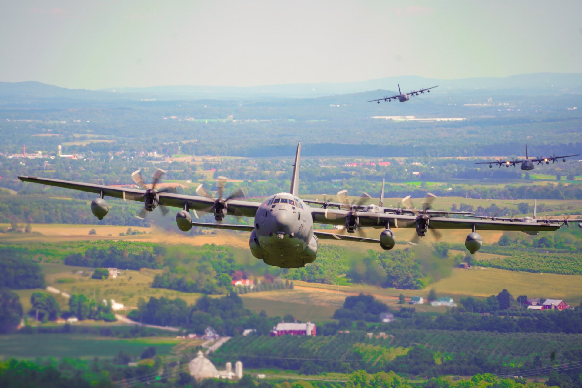 The 193rd Special Operations Wing conducts a 6-aircraft training flight, to honor the memory of the nearly 3,000 innocent victims who died in the Sept. 11 terrorist attacks, and the first responders who risked their own lives to save others. This formation flight of MC-130J Commando II aircraft showcases the resiliency of the American Spirit by flying a mass formation, low-altitude training flight that is visible throughout the greater Central Pennsylvania area. (U.S. Air National Guard photo by Airman Austin Stern)