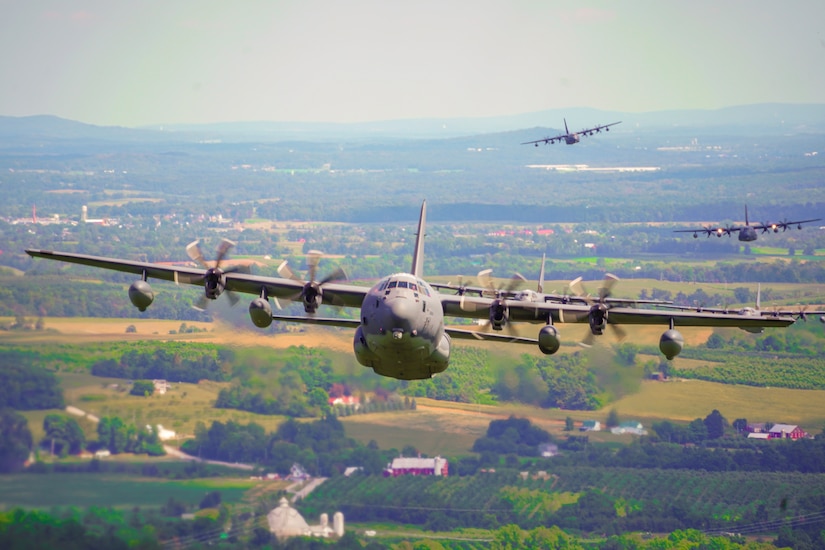 The 193rd Special Operations Wing conducts a 6-aircraft training flight, to honor the memory of the nearly 3,000 innocent victims who died in the Sept. 11 terrorist attacks, and the first responders who risked their own lives to save others. This formation flight of MC-130J Commando II aircraft showcases the resiliency of the American Spirit by flying a mass formation, low-altitude training flight that is visible throughout the greater Central Pennsylvania area. (U.S. Air National Guard photo by Airman Austin Stern)
