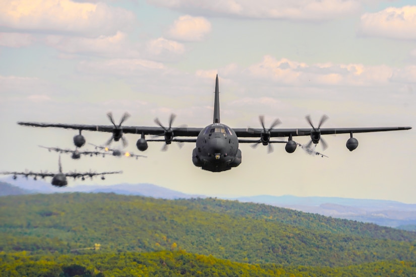 The 193rd Special Operations Wing conducts a 6-aircraft training flight, to honor the memory of the nearly 3,000 innocent victims who died in the Sept. 11 terrorist attacks, and the first responders who risked their own lives to save others. This formation flight of MC-130J Commando II aircraft showcases the resiliency of the American Spirit by flying a mass formation, low-altitude training flight that is visible throughout the greater Central Pennsylvania area. (U.S. Air National Guard photo by Airman Austin Stern)