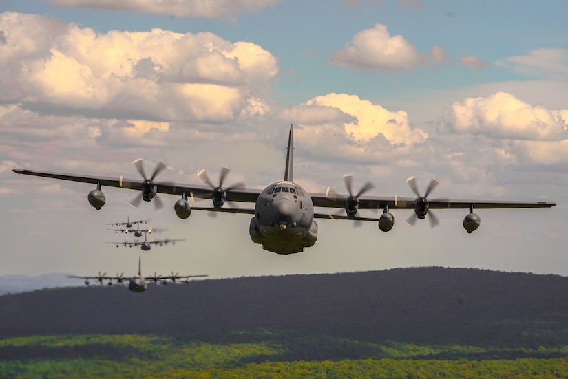 The 193rd Special Operations Wing conducts a 6-aircraft training flight, to honor the memory of the nearly 3,000 innocent victims who died in the Sept. 11 terrorist attacks, and the first responders who risked their own lives to save others. This formation flight of MC-130J Commando II aircraft showcases the resiliency of the American Spirit by flying a mass formation, low-altitude training flight that is visible throughout the greater Central Pennsylvania area. (U.S. Air National Guard photo by Airman Austin Stern)