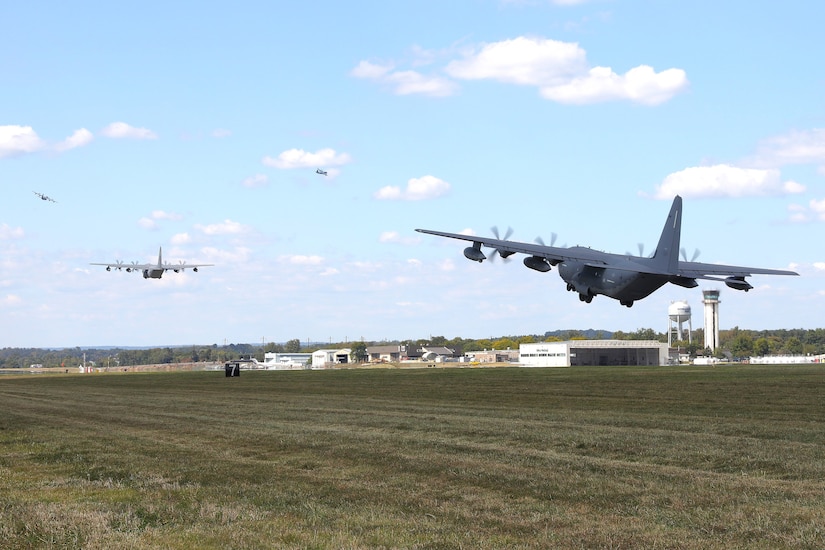 U.S. Airmen with the 193rd Special Operations Wing conducted routine Launch the Fleet training from Harrisburg International Airport in Middletown, Pennsylvania, September 11, 2025, timed to commemorate Patriot Day. This formation flight of six MC-130J Commando II aircraft followed a route visible to many in Central Pennsylvania. (U.S. Army National Guard photo by Zane Craig)