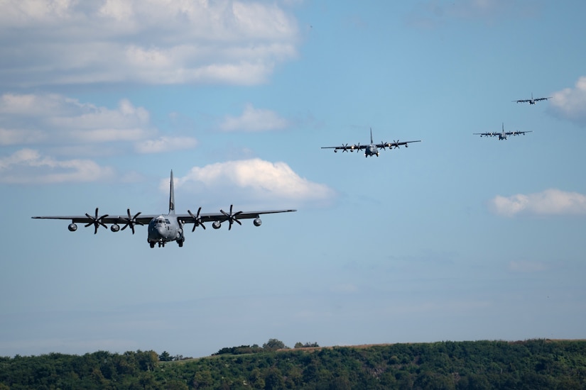 U.S. Airmen with the 193rd Special Operations Wing, Pennsylvania National Guard fly MC-130J Commandos II during a formation flight from Harrisburg International Airport at Middletown, Pennsylvania, Sept. 11, 2025. Airmen with the wing flew in multiple MC-130J Commando II aircraft as a tribute to our nation and the lives lost in the Sept. 11 terrorist attacks. (U.S. Army National Guard photo by Sgt. Kayden Bedwell)