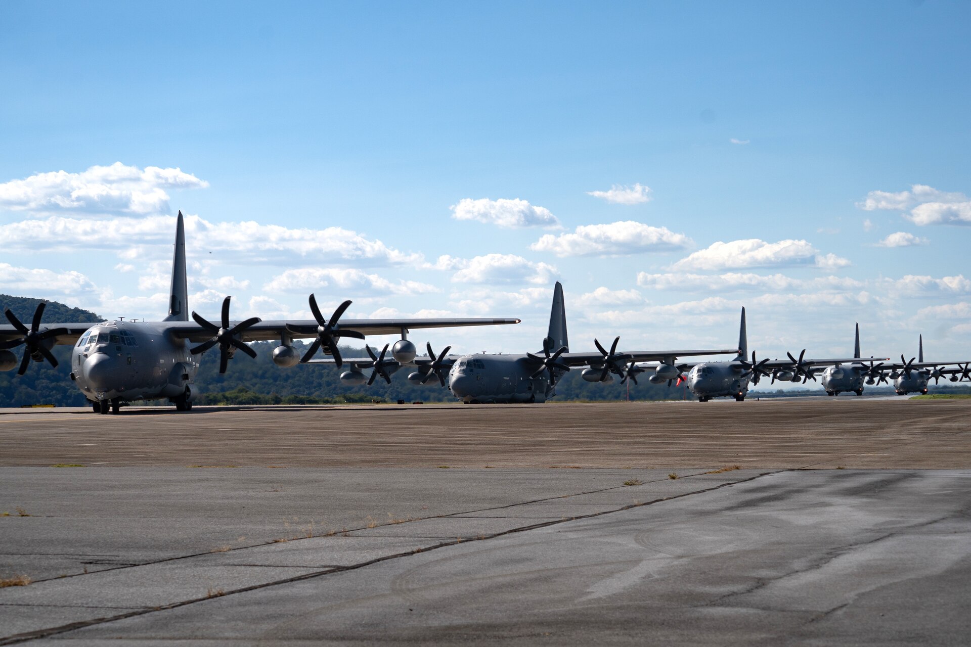 U.S. Airmen with the 193rd Special Operations Wing, Pennsylvania National Guard fly MC-130J Commandos II during a formation flight from Harrisburg International Airport at Middletown, Pennsylvania, Sept. 11, 2025. Airmen with the wing flew in multiple MC-130J Commando II aircraft as a tribute to our nation and the lives lost in the Sept. 11 terrorist attacks. (U.S. Army National Guard photo by Sgt. Kayden Bedwell)
