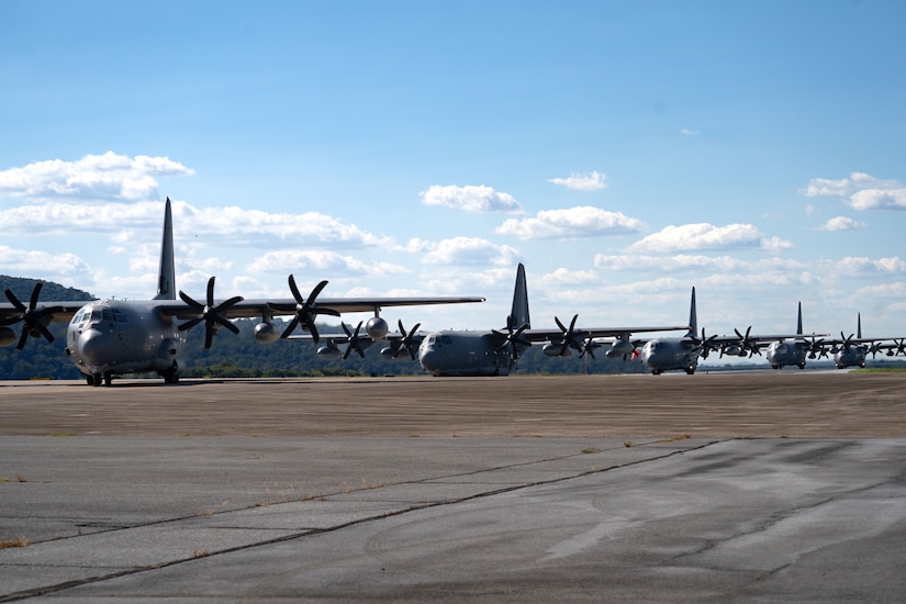 U.S. Airmen with the 193rd Special Operations Wing, Pennsylvania National Guard fly MC-130J Commandos II during a formation flight from Harrisburg International Airport at Middletown, Pennsylvania, Sept. 11, 2025. Airmen with the wing flew in multiple MC-130J Commando II aircraft as a tribute to our nation and the lives lost in the Sept. 11 terrorist attacks. (U.S. Army National Guard photo by Sgt. Kayden Bedwell)