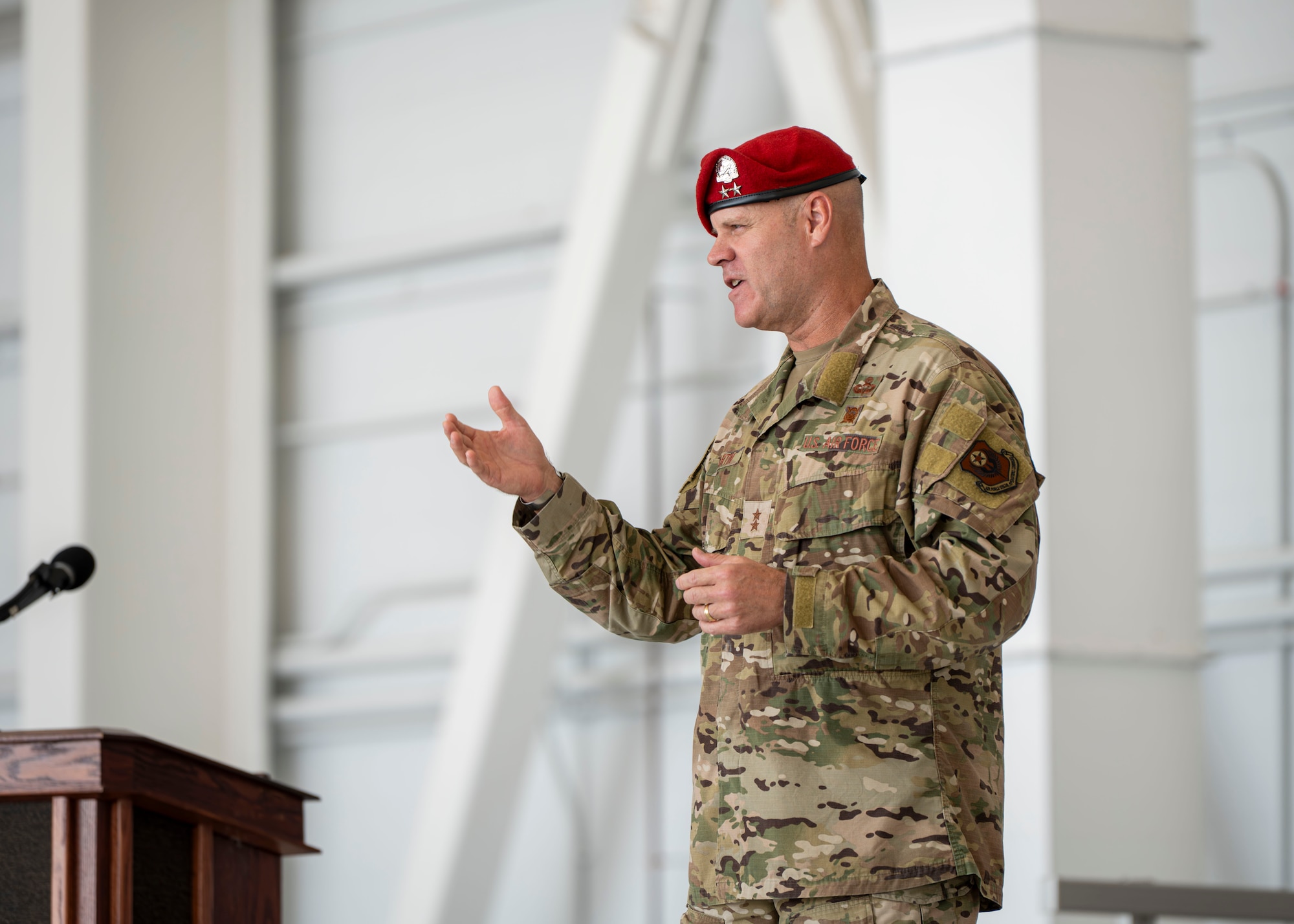 U.S. Air Force Maj. Gen. Michael Martin, AFSOC deputy commander, speaks to Airmen assigned to the 31st Air Task Force during the activation ceremony at Hurlburt Field, Florida, Sept. 12, 2025.