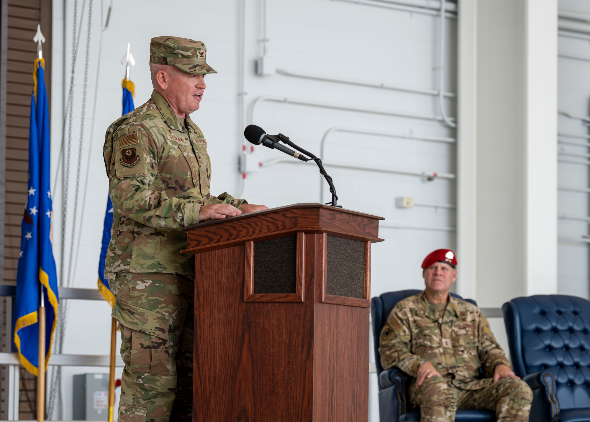 U.S. Air Force Col. Brad M. Dvorak addresses Airmen assigned to the 31st Air Task Force at Hurlburt Field, Florida, Sept. 12, 2025.