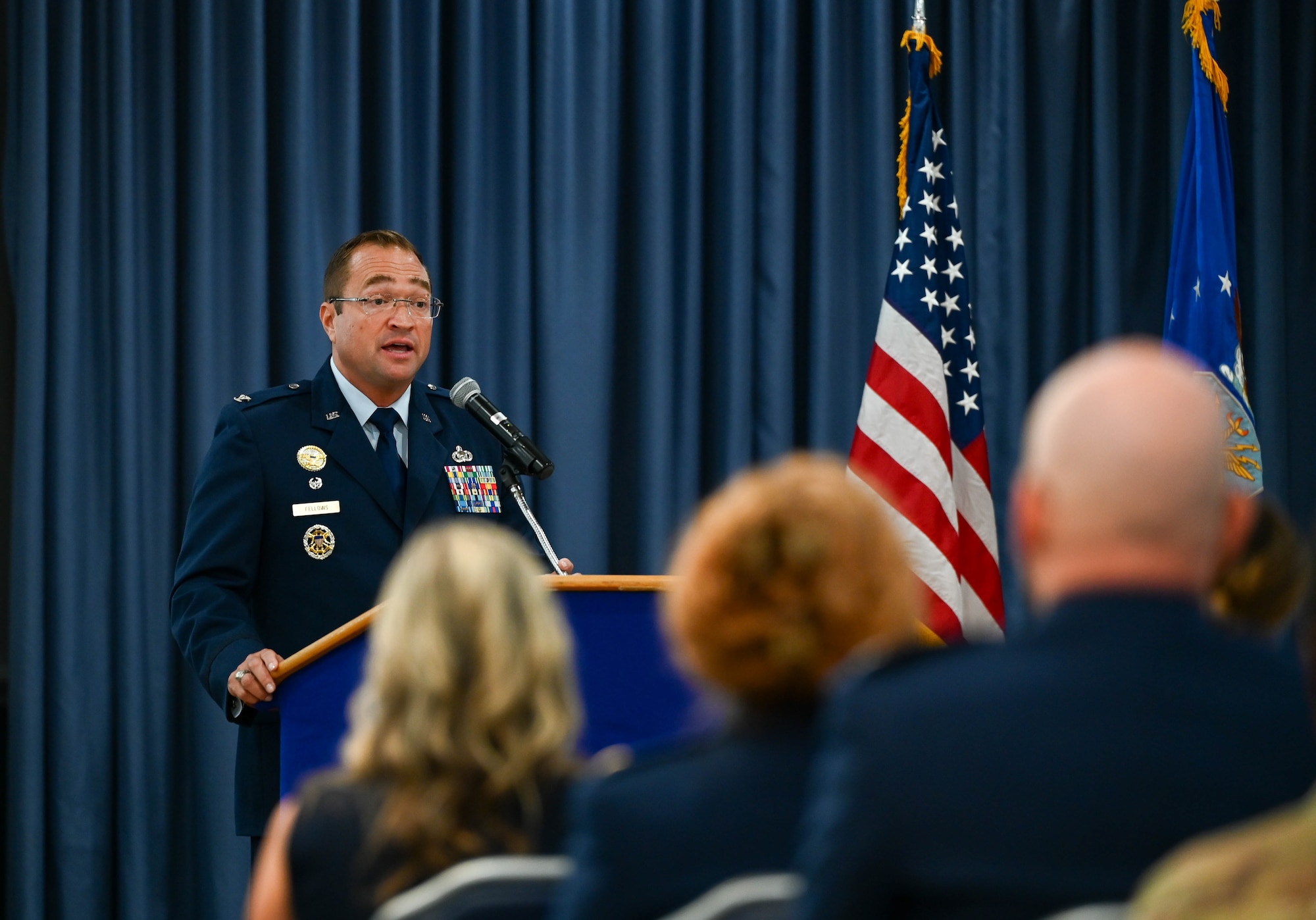 Col. Sean “Metro” Fellows, incoming commander, 367th Recruiting Group, Robins Air Force Base, Georgia, speaks on leading a culture of trust, pride, and compassion during 367th RCG assumption of command ceremony at Robins Air Force Base, Georgia, August 22, 2025. (U.S. Air Force photo by Isaac Jones)