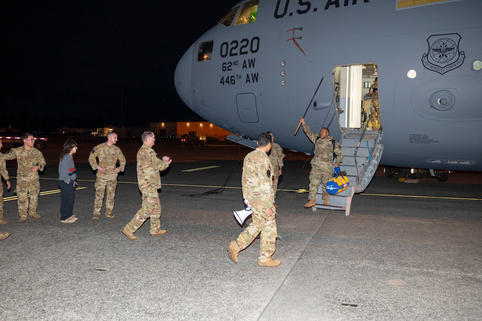 Team McChord Airmen reconnect during the 7th Expeditionary Airlift Squadron’s redeployment at Joint Base Lewis-McChord, Washington, Sept. 7, 2025.