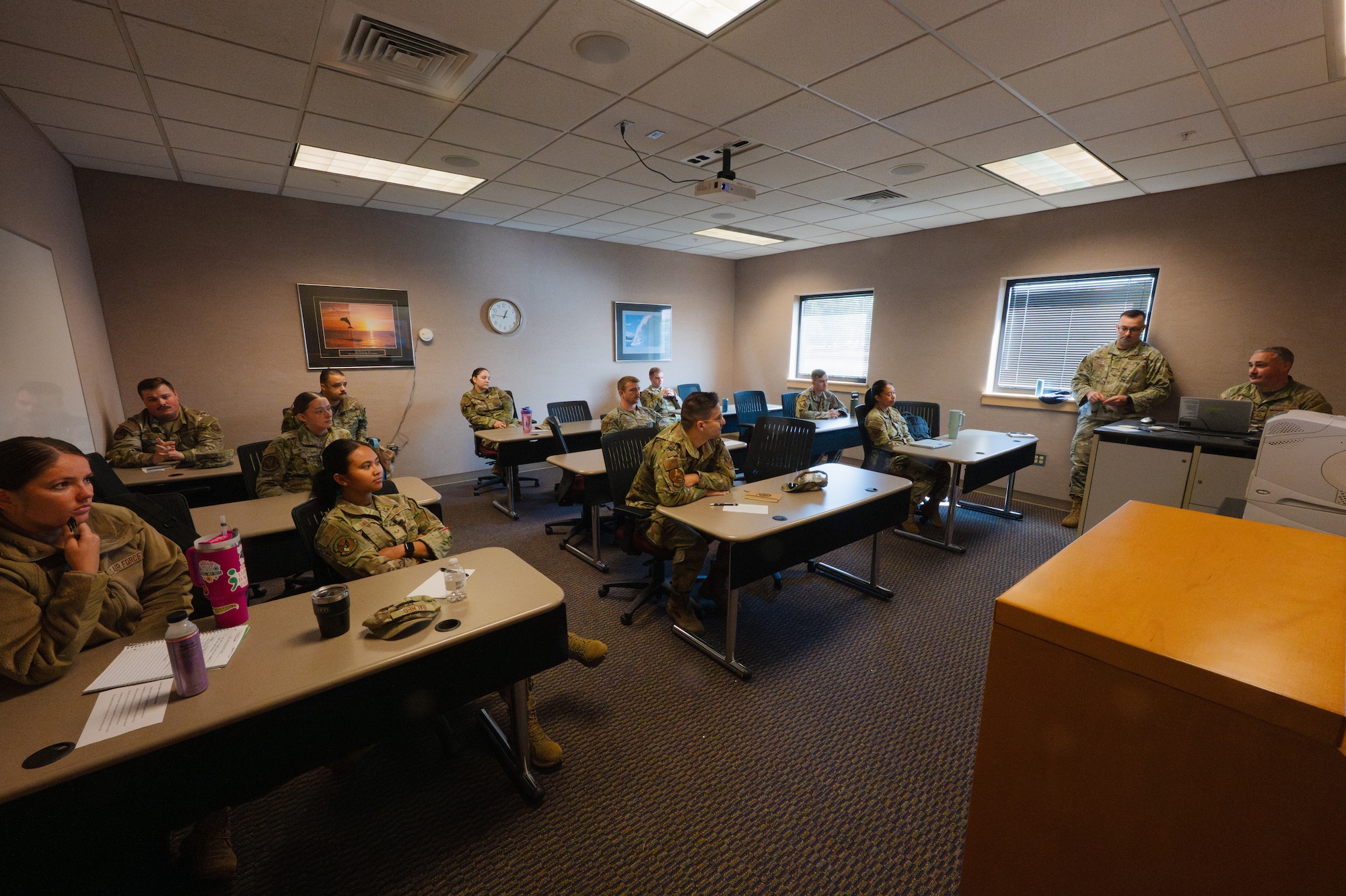 U.S. Airmen gather for a noncommissioned officer course at Whiteman Air Force Base, Missouri, Sept. 5, 2025. The NCO program is designed to provide Airmen information and applicable skills to operate within a leadership role as upcoming Staff Sergeants.