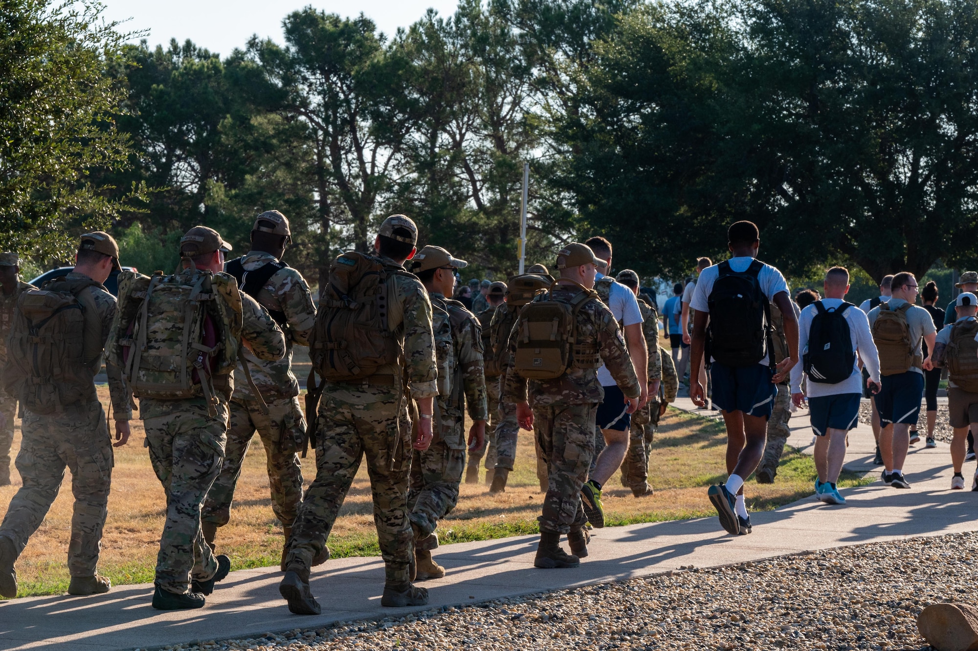 U.S. Air Force Airmen participate in a remembrance ruck to honor the lives lost during the 9/11 terrorist attacks during a memorial held at Dyess Air Force Base, Texas, Sept. 11, 2025. The ruck honored and highlighted the resilience, unity and dedication that defined the first responders who gave their lives in the line of duty. (U.S. Air Force photo by Airman 1st Class Adrien Tran)