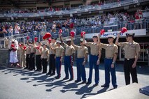 U.S. Marines and Sailors with Chemical Biological Incident Response Force and Aegis Training and Readiness Center, Dahlgren, wave their baseball caps as they are recognized during a Washington Nationals game at Nationals Park in Washington, D.C., Sept. 3, 2025. Through their Salute to Service program, the Washington Nationals honor local military units throughout the Washington, D.C., area, offering service members from all branches the chance to enjoy a game while providing the community an opportunity to recognize their dedication and sacrifice. The event aimed to highlight the service of local military members and strengthen ties with the community. (U.S. Marine Corps photo by Lance Cpl. Amy Espinoza)