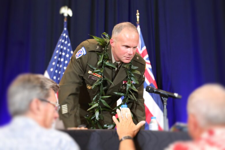 Brig. Gen. Joseph “Clete” Goetz II, commanding general of the U.S. Army Corps of Engineers Pacific Ocean Division, responds to a question following the panel “View From the Top: Indo-Pacific Theater Execution” at the Society of American Military Engineers Indo-Pacific Summit in Honolulu, Sept. 9, 2025. The summit brought together senior leaders to discuss regional security, military construction and infrastructure resilience across the Indo-Pacific. (Photo Credit: Nahaku McFadden)