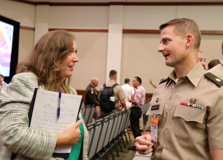 Honolulu District Commander Lt. Col. Adrian Biggerstaff and senior civilian Jennifer Moore take part in the Society of American Military Engineers Indo-Pacific Summit in Honolulu, Sept. 9, 2025. The summit brought together senior leaders to address regional security and infrastructure resilience. (Photo Credit: Nahaku McFadden)