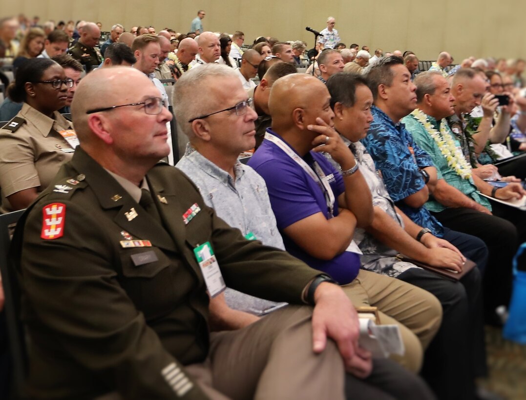 Pacific Ocean Division Deputy Commander Col. Chris Crary and Programs Director Peter Ridilla join military leaders, government officials and industry partners at the Society of American Military Engineers Indo-Pacific Summit in Honolulu, Sept. 9, 2025. The event focused on regional security and infrastructure development. (Photo Credit: Nahaku McFadden)