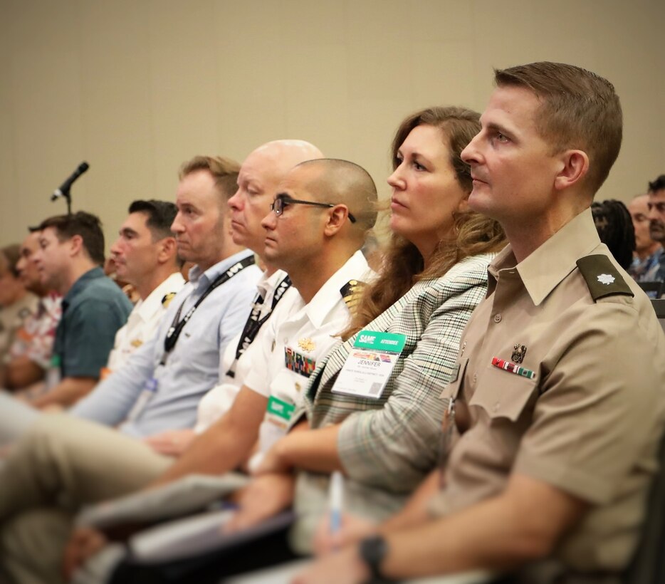 Honolulu District Commander Lt. Col. Adrian Biggerstaff and senior civilian Jennifer Moore attend the Society of American Military Engineers Indo-Pacific Summit in Honolulu, Sept. 9, 2025. Leaders discussed regional security, military construction and infrastructure resilience across the Indo-Pacific. (Photo Credit: Nahaku McFadden)