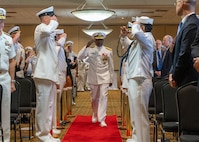 NAVAL STATION NORFOLK (Sept. 12, 2025) – Rear Adm. Stephen Barnett passes through Commander, Navy Region Mid-Atlantic (CNRMA) sideboys during a change of command and retirement ceremony, held at Vista Point onboard Naval Station Norfolk, Sept. 12. CNRMA is the regional coordinator for all shore-based naval personnel and shore activities in the Mid-Atlantic region, which encompasses 20 states, 13 installations, and numerous Navy reserve centers from Maine to Virginia and as far west as Illinois. (U.S. Navy photo by Mass Communication Specialist 1st Class Kirk T. Putnam)