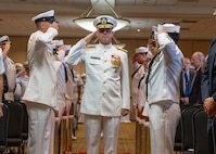 NAVAL STATION NORFOLK (Sept. 12, 2025) – Commander, Navy Installations Command, Vice Adm. Scott Gray, passes through sideboys during a change of command and retirement ceremony, held at Vista Point onboard Naval Station Norfolk, Sept. 12. CNRMA, now commanded by Rear Adm. Stephen Barnett, is the regional coordinator for all shore-based naval personnel and shore activities in the Mid-Atlantic region, which encompasses 20 states, 13 installations, and numerous Navy reserve centers from Maine to Virginia and as far west as Illinois. (U.S. Navy photo by Mass Communication Specialist 1st Class Kirk T. Putnam)