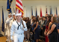 NAVAL STATION NORFOLK (Sept. 12, 2025) – Commander, Navy Region Mid-Atlantic (CNRMA) color guard parades the colors during a change of command and retirement ceremony held at Vista Point onboard Naval Station Norfolk, Sept. 12. CNRMA, now commanded by Rear Adm. Stephen Barnett, is the regional coordinator for all shore-based naval personnel and shore activities in the Mid-Atlantic region, which encompasses 20 states, 13 installations, and numerous Navy reserve centers from Maine to Virginia and as far west as Illinois. (U.S. Navy photo by Mass Communication Specialist 1st Class Kirk T. Putnam)