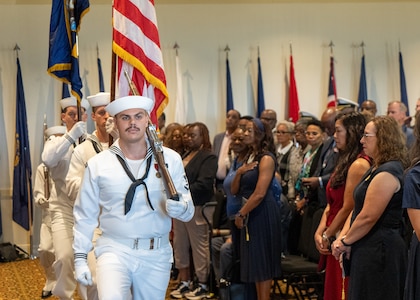 NAVAL STATION NORFOLK (Sept. 12, 2025) – Commander, Navy Region Mid-Atlantic (CNRMA) color guard parades the colors during a change of command and retirement ceremony held at Vista Point onboard Naval Station Norfolk, Sept. 12. CNRMA, now commanded by Rear Adm. Stephen Barnett, is the regional coordinator for all shore-based naval personnel and shore activities in the Mid-Atlantic region, which encompasses 20 states, 13 installations, and numerous Navy reserve centers from Maine to Virginia and as far west as Illinois. (U.S. Navy photo by Mass Communication Specialist 1st Class Kirk T. Putnam)