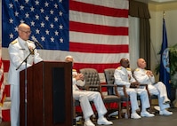NAVAL STATION NORFOLK (Sept. 12, 2025) – Commander, Navy Region Mid-Atlantic (CNRMA), Rear Adm. Carl Lahti, speaks to the audience during a change of command and retirement ceremony held at Vista Point onboard Naval Station Norfolk, Sept. 12. CNRMA, now commanded by Rear Adm. Stephen Barnett, is the regional coordinator for all shore-based naval personnel and shore activities in the Mid-Atlantic region, which encompasses 20 states, 13 installations, and numerous Navy reserve centers from Maine to Virginia and as far west as Illinois. (U.S. Navy photo by Mass Communication Specialist 1st Class Kirk T. Putnam)