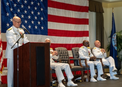 NAVAL STATION NORFOLK (Sept. 12, 2025) – Commander, Navy Region Mid-Atlantic (CNRMA), Rear Adm. Carl Lahti, speaks to the audience during a change of command and retirement ceremony held at Vista Point onboard Naval Station Norfolk, Sept. 12. CNRMA, now commanded by Rear Adm. Stephen Barnett, is the regional coordinator for all shore-based naval personnel and shore activities in the Mid-Atlantic region, which encompasses 20 states, 13 installations, and numerous Navy reserve centers from Maine to Virginia and as far west as Illinois. (U.S. Navy photo by Mass Communication Specialist 1st Class Kirk T. Putnam)