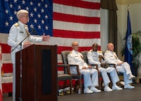 NAVAL STATION NORFOLK (Sept. 12, 2025) – Deputy Chief of Naval Operations for Information Warfare, N2N6 / Director of Naval Intelligence, Vice Adm. Karl Thomas, speaks to the audience during a change of command and retirement ceremony held at Vista Point onboard Naval Station Norfolk, Sept. 12. CNRMA, now commanded by Rear Adm. Stephen Barnett, is the regional coordinator for all shore-based naval personnel and shore activities in the Mid-Atlantic region, which encompasses 20 states, 13 installations, and numerous Navy reserve centers from Maine to Virginia and as far west as Illinois. (U.S. Navy photo by Mass Communication Specialist 1st Class Kirk T. Putnam)