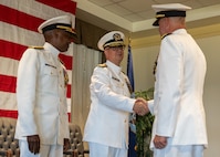 NAVAL STATION NORFOLK (Sept. 12, 2025) – Commander, Navy Installations Command, Vice Adm. Scott Gray, presides over the turnover between Rear Adm. Carl Lahti and Rear Adm. Stephen Barnett as Barnett assumes command of Navy Region Mid-Atlantic (CNRMA), during a change of command and retirement ceremony held at Vista Point onboard Naval Station Norfolk, Sept. 12. CNRMA, now commanded by Rear Adm. Stephen Barnett, is the regional coordinator for all shore-based naval personnel and shore activities in the Mid-Atlantic region, which encompasses 20 states, 13 installations, and numerous Navy reserve centers from Maine to Virginia and as far west as Illinois. (U.S. Navy photo by Mass Communication Specialist 1st Class Kirk T. Putnam)