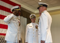 NAVAL STATION NORFOLK (Sept. 12, 2025) – Commander, Navy Installations Command, Vice Adm. Scott Gray, presides over the turnover between Rear Adm. Carl Lahti and Rear Adm. Stephen Barnett as Barnett assumes command of Navy Region Mid-Atlantic (CNRMA), during a change of command and retirement ceremony held at Vista Point onboard Naval Station Norfolk, Sept. 12. CNRMA, now commanded by Rear Adm. Stephen Barnett, is the regional coordinator for all shore-based naval personnel and shore activities in the Mid-Atlantic region, which encompasses 20 states, 13 installations, and numerous Navy reserve centers from Maine to Virginia and as far west as Illinois. (U.S. Navy photo by Mass Communication Specialist 1st Class Kirk T. Putnam)