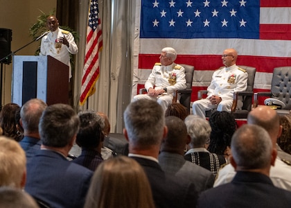 NAVAL STATION NORFOLK (Sept. 12, 2025) – Commander, Navy Region Mid-Atlantic (CNRMA), Rear Adm. Stephen Barnett, speaks to the audience during a change of command and retirement ceremony held at Vista Point onboard Naval Station Norfolk, Sept. 12. CNRMA, now commanded by Rear Adm. Stephen Barnett, is the regional coordinator for all shore-based naval personnel and shore activities in the Mid-Atlantic region, which encompasses 20 states, 13 installations, and numerous Navy reserve centers from Maine to Virginia and as far west as Illinois. (U.S. Navy photo by Mass Communication Specialist 1st Class Kirk T. Putnam)