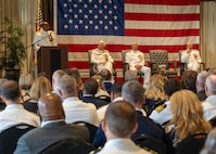 NAVAL STATION NORFOLK (Sept. 12, 2025) – Commander, Navy Region Mid-Atlantic (CNRMA), Rear Adm. Stephen Barnett, speaks to the audience during a change of command and retirement ceremony held at Vista Point onboard Naval Station Norfolk, Sept. 12. CNRMA, now commanded by Rear Adm. Stephen Barnett, is the regional coordinator for all shore-based naval personnel and shore activities in the Mid-Atlantic region, which encompasses 20 states, 13 installations, and numerous Navy reserve centers from Maine to Virginia and as far west as Illinois. (U.S. Navy photo by Mass Communication Specialist 1st Class Kirk T. Putnam)