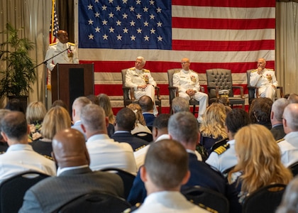 NAVAL STATION NORFOLK (Sept. 12, 2025) – Commander, Navy Region Mid-Atlantic (CNRMA), Rear Adm. Stephen Barnett, speaks to the audience during a change of command and retirement ceremony held at Vista Point onboard Naval Station Norfolk, Sept. 12. CNRMA, now commanded by Rear Adm. Stephen Barnett, is the regional coordinator for all shore-based naval personnel and shore activities in the Mid-Atlantic region, which encompasses 20 states, 13 installations, and numerous Navy reserve centers from Maine to Virginia and as far west as Illinois. (U.S. Navy photo by Mass Communication Specialist 1st Class Kirk T. Putnam)