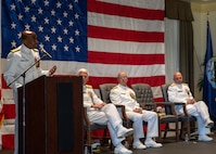 NAVAL STATION NORFOLK (Sept. 12, 2025) – Commander, Navy Region Mid-Atlantic (CNRMA), Rear Adm. Stephen Barnett, speaks to the audience during a change of command and retirement ceremony held at Vista Point onboard Naval Station Norfolk, Sept. 12. CNRMA, now commanded by Rear Adm. Stephen Barnett, is the regional coordinator for all shore-based naval personnel and shore activities in the Mid-Atlantic region, which encompasses 20 states, 13 installations, and numerous Navy reserve centers from Maine to Virginia and as far west as Illinois. (U.S. Navy photo by Mass Communication Specialist 1st Class Kirk T. Putnam)