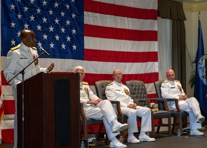 NAVAL STATION NORFOLK (Sept. 12, 2025) – Commander, Navy Region Mid-Atlantic (CNRMA), Rear Adm. Stephen Barnett, speaks to the audience during a change of command and retirement ceremony held at Vista Point onboard Naval Station Norfolk, Sept. 12. CNRMA, now commanded by Rear Adm. Stephen Barnett, is the regional coordinator for all shore-based naval personnel and shore activities in the Mid-Atlantic region, which encompasses 20 states, 13 installations, and numerous Navy reserve centers from Maine to Virginia and as far west as Illinois. (U.S. Navy photo by Mass Communication Specialist 1st Class Kirk T. Putnam)