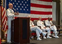 NAVAL STATION NORFOLK (Sept. 12, 2025) – Commander, Navy Installations Command, Vice Adm. Scott Gray, speaks to the audience during a change of command and retirement ceremony held at Vista Point onboard Naval Station Norfolk, Sept. 12. CNRMA, now commanded by Rear Adm. Stephen Barnett, is the regional coordinator for all shore-based naval personnel and shore activities in the Mid-Atlantic region, which encompasses 20 states, 13 installations, and numerous Navy reserve centers from Maine to Virginia and as far west as Illinois. (U.S. Navy photo by Mass Communication Specialist 1st Class Kirk T. Putnam)