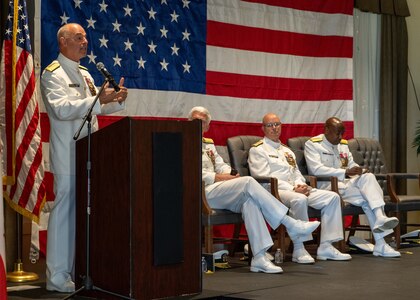 NAVAL STATION NORFOLK (Sept. 12, 2025) – Commander, Navy Installations Command, Vice Adm. Scott Gray, speaks to the audience during a change of command and retirement ceremony held at Vista Point onboard Naval Station Norfolk, Sept. 12. CNRMA, now commanded by Rear Adm. Stephen Barnett, is the regional coordinator for all shore-based naval personnel and shore activities in the Mid-Atlantic region, which encompasses 20 states, 13 installations, and numerous Navy reserve centers from Maine to Virginia and as far west as Illinois. (U.S. Navy photo by Mass Communication Specialist 1st Class Kirk T. Putnam)
