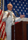 NAVAL STATION NORFOLK (Sept. 12, 2025) – Commander, Navy Installations Command, Vice Adm. Scott Gray, speaks to the audience during a change of command and retirement ceremony held at Vista Point onboard Naval Station Norfolk, Sept. 12. CNRMA, now commanded by Rear Adm. Stephen Barnett, is the regional coordinator for all shore-based naval personnel and shore activities in the Mid-Atlantic region, which encompasses 20 states, 13 installations, and numerous Navy reserve centers from Maine to Virginia and as far west as Illinois. (U.S. Navy photo by Mass Communication Specialist 1st Class Kirk T. Putnam)