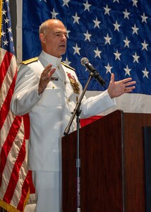 NAVAL STATION NORFOLK (Sept. 12, 2025) – Commander, Navy Installations Command, Vice Adm. Scott Gray, speaks to the audience during a change of command and retirement ceremony held at Vista Point onboard Naval Station Norfolk, Sept. 12. CNRMA, now commanded by Rear Adm. Stephen Barnett, is the regional coordinator for all shore-based naval personnel and shore activities in the Mid-Atlantic region, which encompasses 20 states, 13 installations, and numerous Navy reserve centers from Maine to Virginia and as far west as Illinois. (U.S. Navy photo by Mass Communication Specialist 1st Class Kirk T. Putnam)