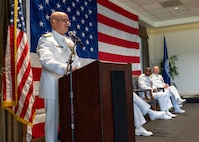 NAVAL STATION NORFOLK (Sept. 12, 2025) – Rear Adm. Carl Lathi, speaks to the audience during a change of command and retirement ceremony held at Vista Point onboard Naval Station Norfolk, Sept. 12. CNRMA, now commanded by Rear Adm. Stephen Barnett, is the regional coordinator for all shore-based naval personnel and shore activities in the Mid-Atlantic region, which encompasses 20 states, 13 installations, and numerous Navy reserve centers from Maine to Virginia and as far west as Illinois. (U.S. Navy photo by Mass Communication Specialist 1st Class Kirk T. Putnam)