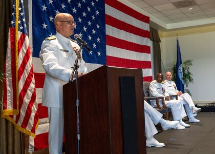 NAVAL STATION NORFOLK (Sept. 12, 2025) – Rear Adm. Carl Lathi, speaks to the audience during a change of command and retirement ceremony held at Vista Point onboard Naval Station Norfolk, Sept. 12. CNRMA, now commanded by Rear Adm. Stephen Barnett, is the regional coordinator for all shore-based naval personnel and shore activities in the Mid-Atlantic region, which encompasses 20 states, 13 installations, and numerous Navy reserve centers from Maine to Virginia and as far west as Illinois. (U.S. Navy photo by Mass Communication Specialist 1st Class Kirk T. Putnam)