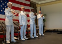 NAVAL STATION NORFOLK (Sept. 12, 2025) – Deputy Chief of Naval Operations for Information Warfare, N2N6 / Director of Naval Intelligence, Vice Adm. Karl Thomas; Rear Adm. Carl Lathi; Commander, Navy Region Mid-Atlantic (CNRMA) Rear Adm. Stephen Barnett; and Commander, Navy Installations Command, Vice Adm. Scott Gray; complete a change of command and retirement ceremony held at Vista Point onboard Naval Station Norfolk, Sept. 12. CNRMA, now commanded by Rear Adm. Stephen Barnett, is the regional coordinator for all shore-based naval personnel and shore activities in the Mid-Atlantic region, which encompasses 20 states, 13 installations, and numerous Navy reserve centers from Maine to Virginia and as far west as Illinois. (U.S. Navy photo by Mass Communication Specialist 1st Class Kirk T. Putnam)