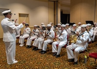 NAVAL STATION NORFOLK (Sept. 12, 2025) – The U.S. Navy Fleet Forces band perform during the Commander, Navy Region Mid-Atlantic (CNRMA) change of command and retirement ceremony held at Vista Point onboard Naval Station Norfolk, Sept. 12. CNRMA, now commanded by Rear Adm. Stephen Barnett, is the regional coordinator for all shore-based naval personnel and shore activities in the Mid-Atlantic region, which encompasses 20 states, 13 installations, and numerous Navy reserve centers from Maine to Virginia and as far west as Illinois. (U.S. Navy photo by Mass Communication Specialist 1st Class Kirk T. Putnam)