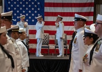 NAVAL STATION NORFOLK (Sept. 12, 2025) – Commander, Navy Region Mid-Atlantic (CNRMA), Rear Adm. Carl Lathi, requests permission to go ashore for the final time from Commander, Navy Installations Command, Vice Adm. Scott Gray, during a change of command and retirement ceremony held at Vista Point onboard Naval Station Norfolk, Sept. 12. CNRMA, now commanded by Rear Adm. Stephen Barnett, is the regional coordinator for all shore-based naval personnel and shore activities in the Mid-Atlantic region, which encompasses 20 states, 13 installations, and numerous Navy reserve centers from Maine to Virginia and as far west as Illinois. (U.S. Navy photo by Mass Communication Specialist 1st Class Kirk T. Putnam)