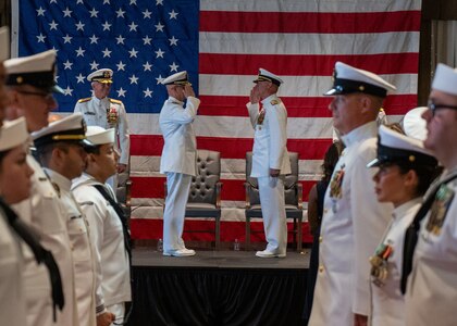 NAVAL STATION NORFOLK (Sept. 12, 2025) – Commander, Navy Region Mid-Atlantic (CNRMA), Rear Adm. Carl Lathi, requests permission to go ashore for the final time from Commander, Navy Installations Command, Vice Adm. Scott Gray, during a change of command and retirement ceremony held at Vista Point onboard Naval Station Norfolk, Sept. 12. CNRMA, now commanded by Rear Adm. Stephen Barnett, is the regional coordinator for all shore-based naval personnel and shore activities in the Mid-Atlantic region, which encompasses 20 states, 13 installations, and numerous Navy reserve centers from Maine to Virginia and as far west as Illinois. (U.S. Navy photo by Mass Communication Specialist 1st Class Kirk T. Putnam)